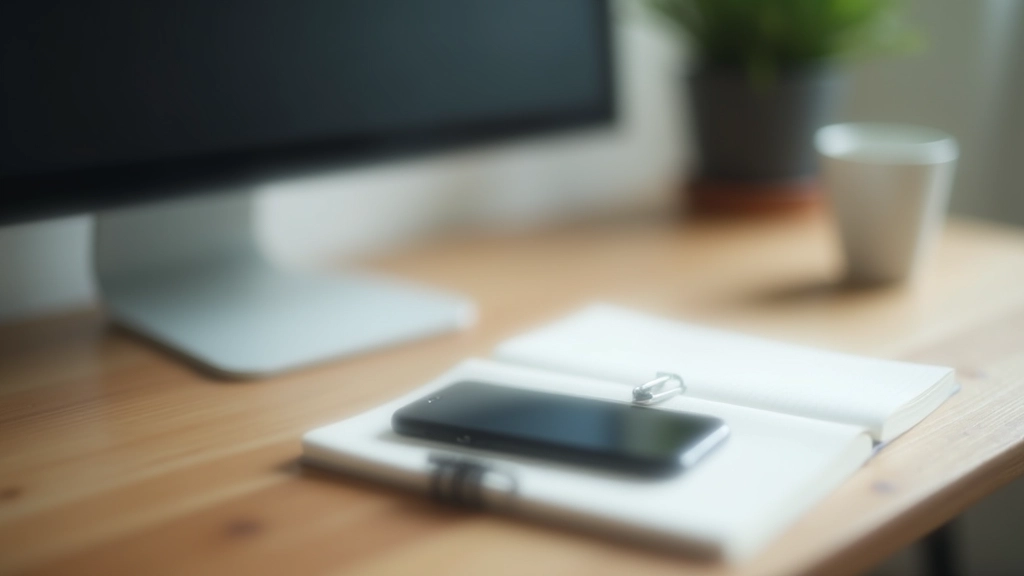 Minimalist desk setup with single monitor, phone on silent, notebook, showing distraction-free workspace environment