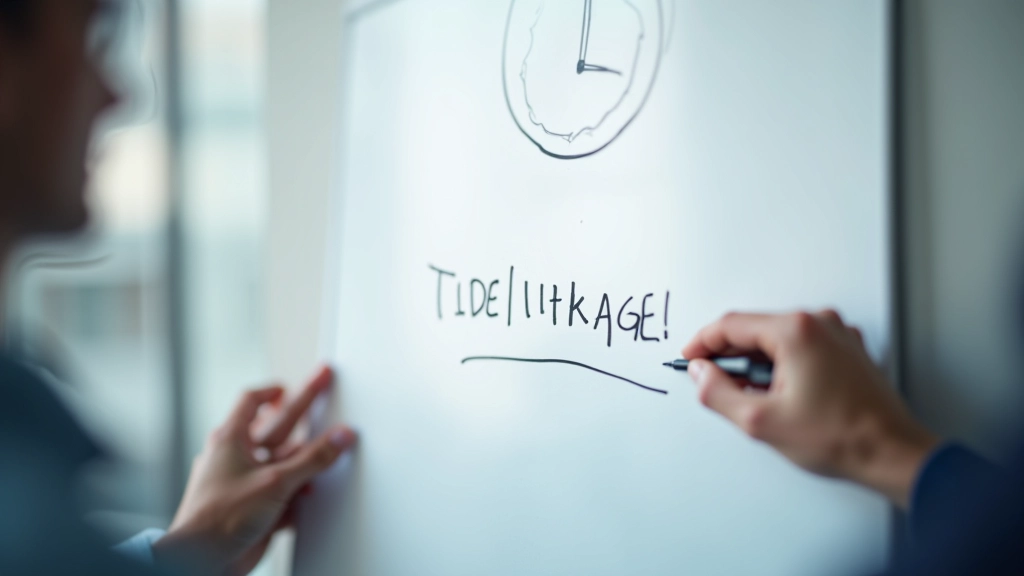 Close-up of hands writing time management strategy on whiteboard with team members visible