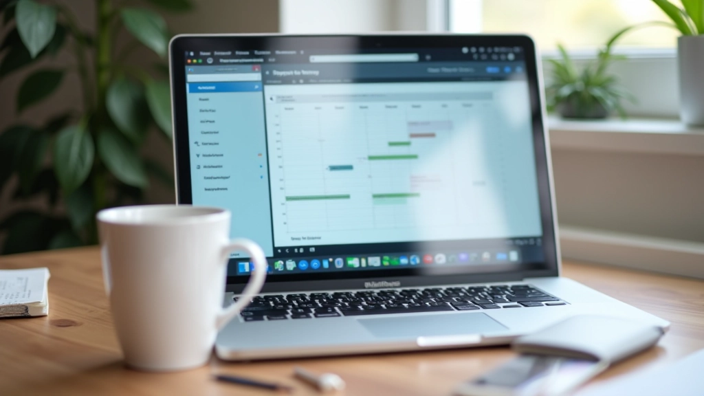 Laptop screen showing calendar and planning application with coffee cup nearby