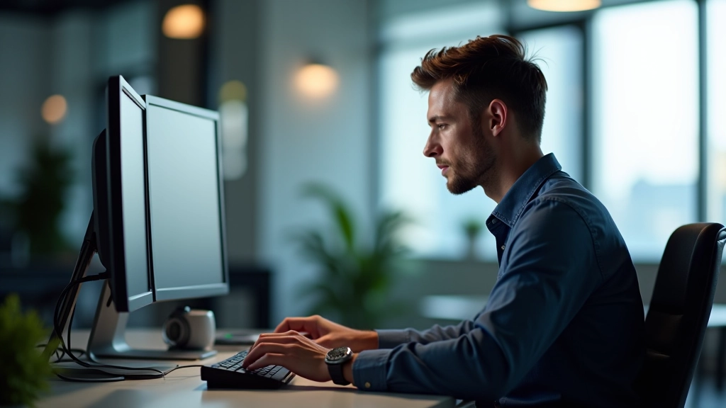 Developer at desk with multiple monitors in focused work environment