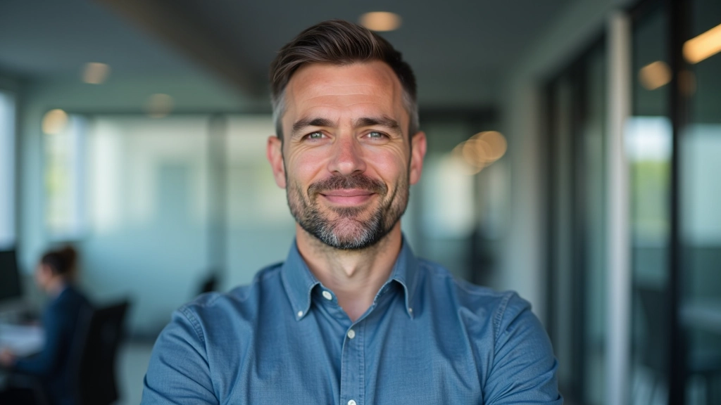 Professional man in tech company casual wear, confident expression, modern office background, portrait from chest up