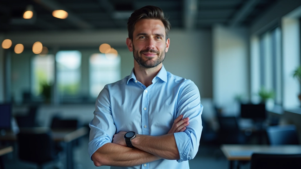 Professional man with arms crossed, confident posture, tech office environment, upper body shot
