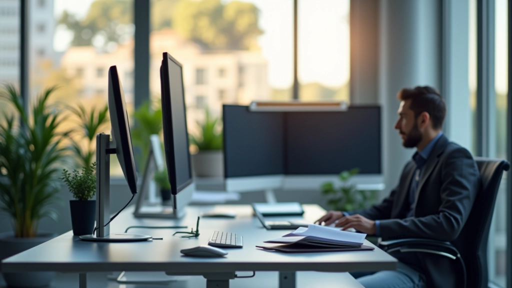 Modern office workspace with multiple monitors, minimalist desk setup, morning light through window, professional tech environment