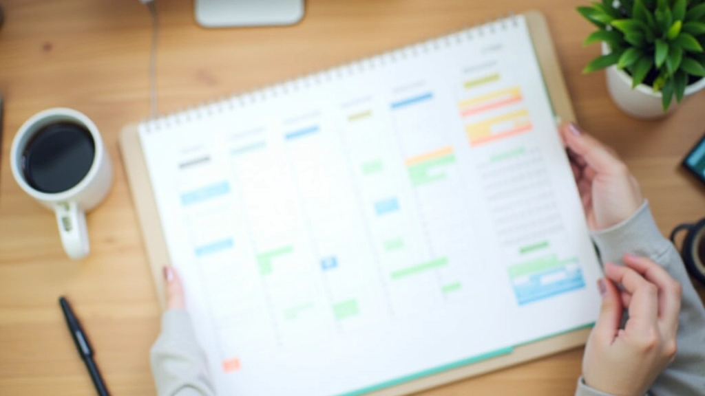Wall calendar with color-coded time blocks, planning schedule, morning and afternoon blocks marked clearly