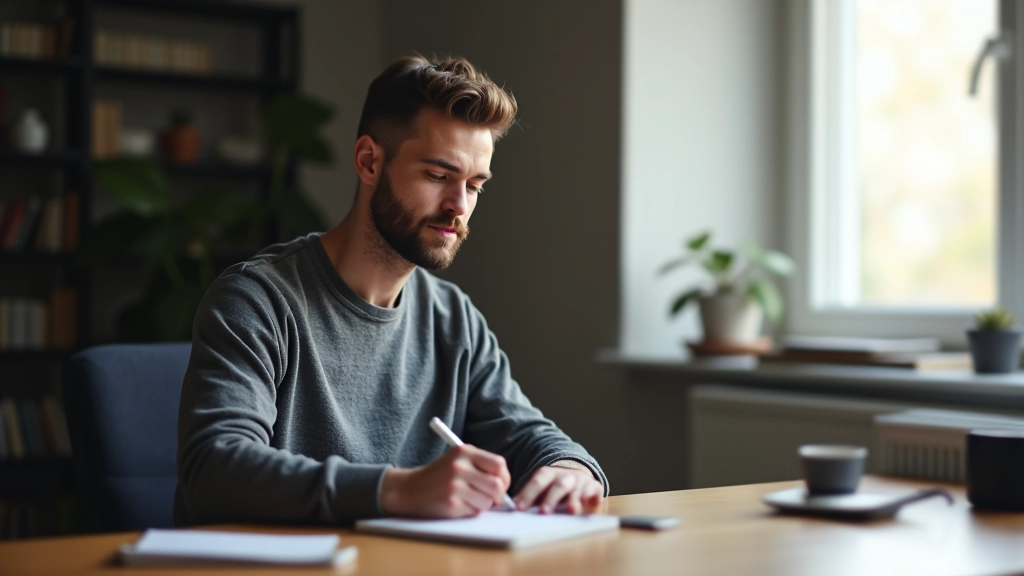 Person working focused at desk with notebook and pen, minimal distractions, natural light, morning work session