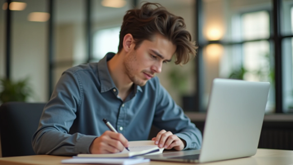Person writing in notebook at desk with laptop open, conducting digital audit and assessment of notification sources and priorities