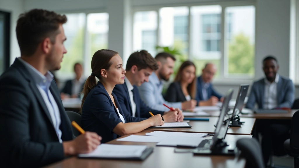 Training workshop with professionals seated at desks, collaborative learning environment