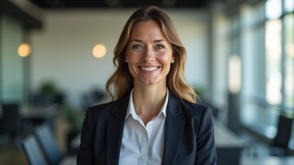 Professional woman in business casual attire, warm expression, modern office setting, portrait from chest up