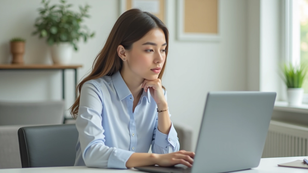 Person at desk looking focused while working on laptop with minimalist workspace setup and plants visible in background