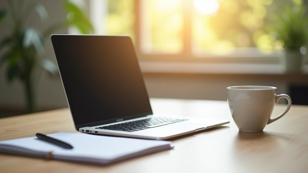 Professional workspace with laptop, notebook, and coffee cup on wooden desk with morning light streaming through window